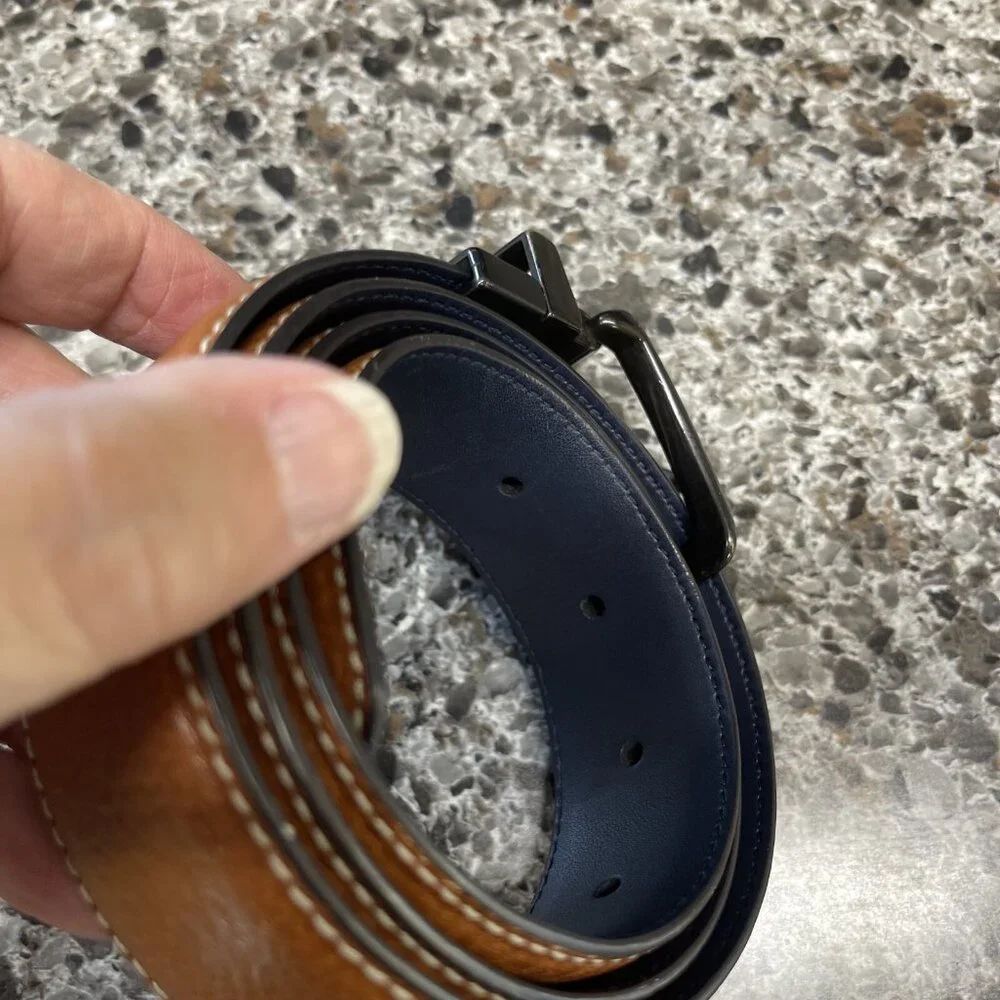 Original Penguin Mens LEATHER Navy /‎ Brown Reversible Belt US Size 32 With Logo